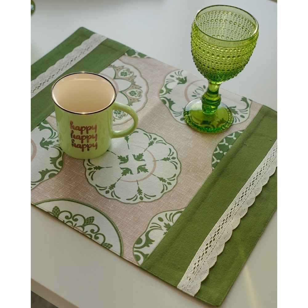 Tovaglietta Colazione Ambra Verde in Cotone con Bordo Merletto