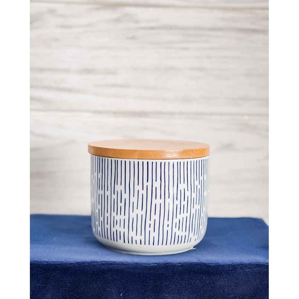 Barattolo Moderno in Ceramica 10x9 cm con Coperchio in Legno con Disegni Etnici