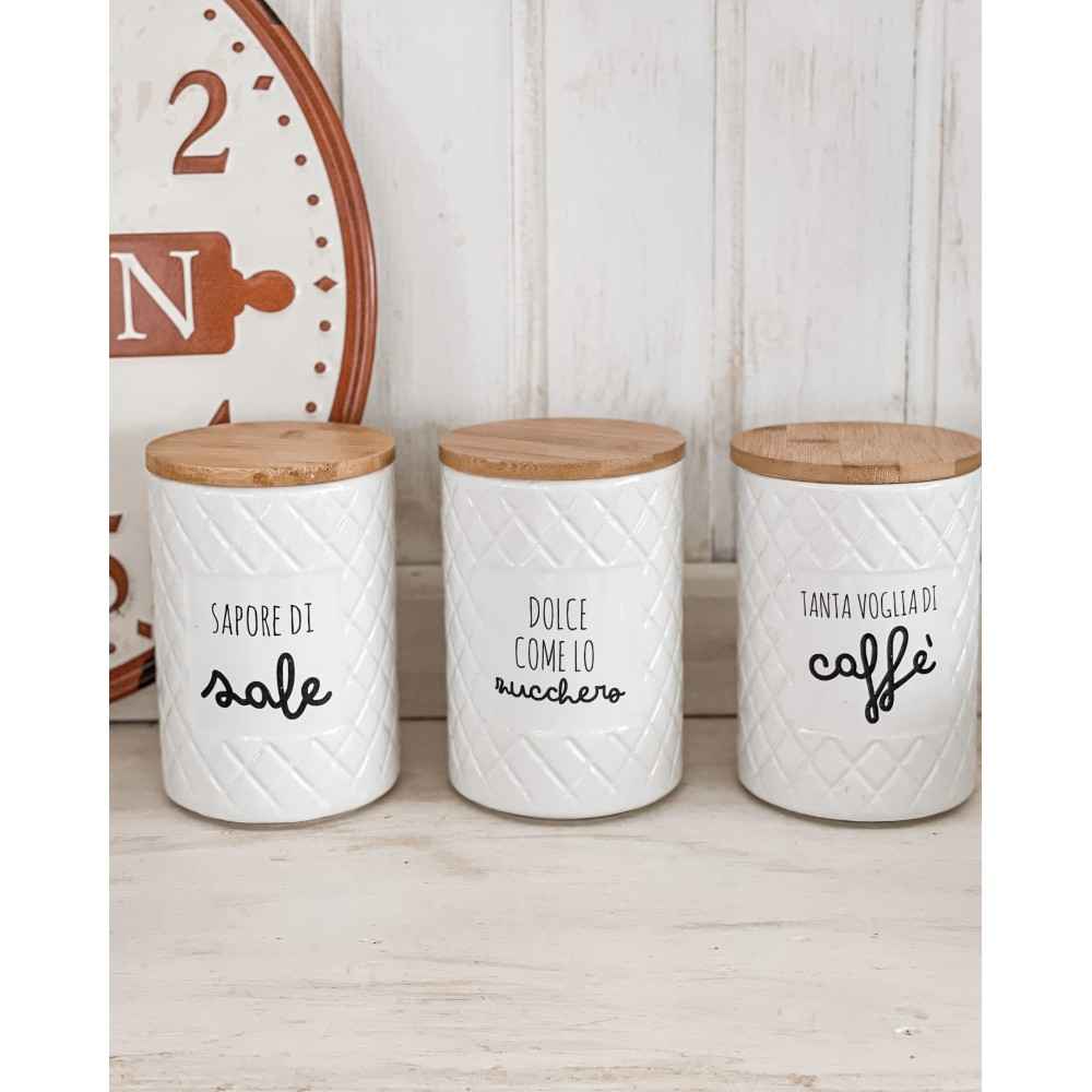 Set 3 Barattoli Contenitori Cucina Sale Zucchero Caffè in Ceramica Bianco –