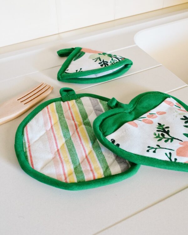 Presine set 3 pezzi Calisè Cuore Tonda Cappuccio Verde Fiori e Righe
