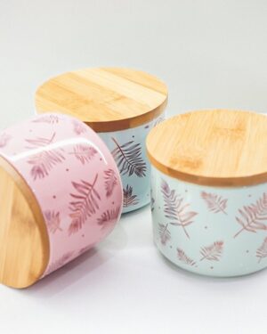 Barattolo Moderno in Ceramica Con Foglie con Coperchio in Legno e dettagli in oro