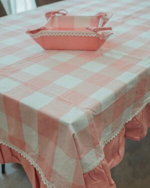 Portapane a Quadri con Frill e Merletto Queen con Laccetti in Cotone 20x20 Cm