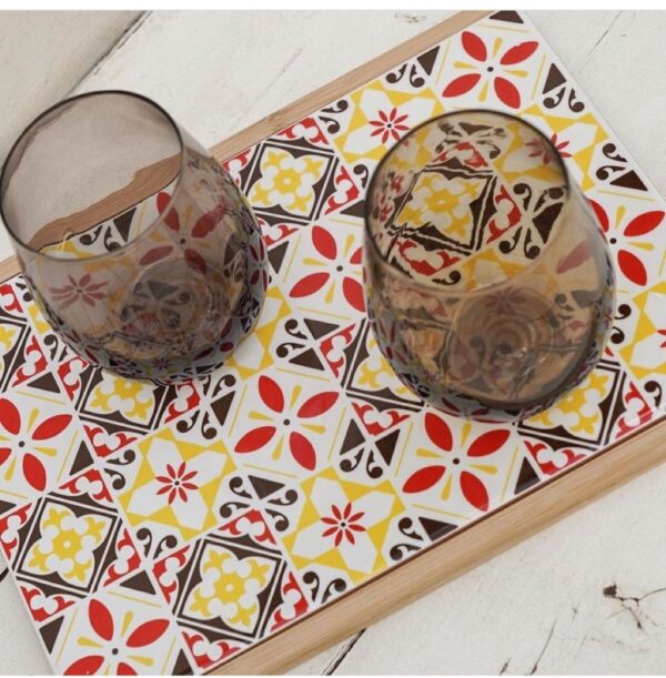 Tagliere in Ceramica Maiolica con Base in Bamboo