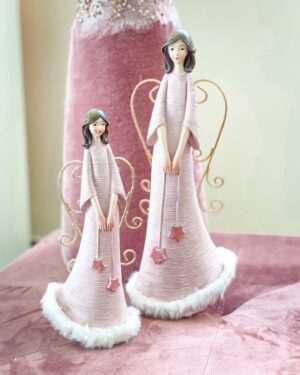 Angelo in Ceramica Rosa Con Ali in Metallo Dorato Disponibile in Due Diverse Grandezze
