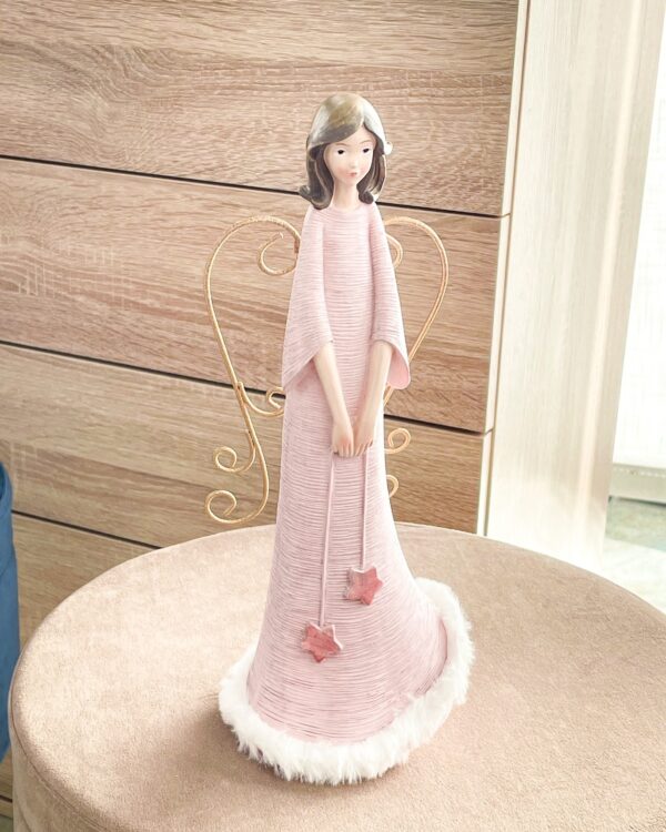 Angelo in Ceramica Rosa Con Ali in Metallo Dorato Disponibile in Due Diverse Grandezze