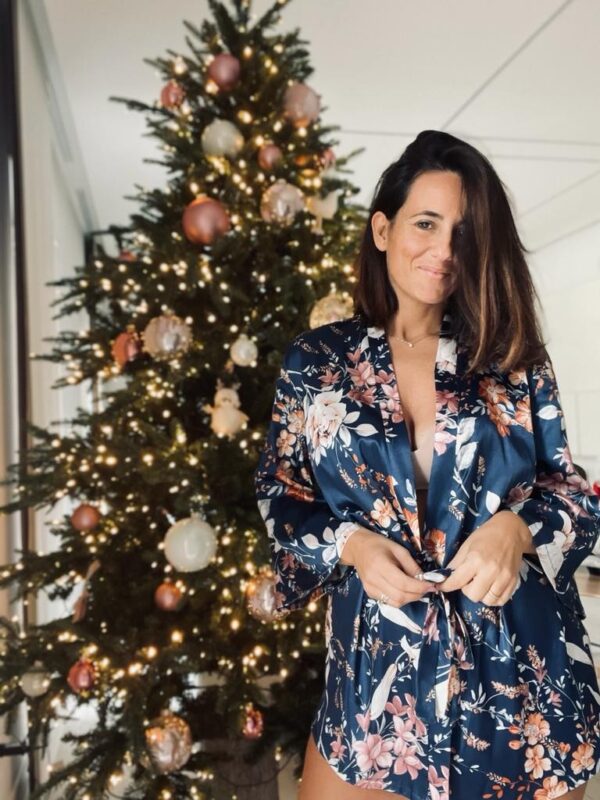 Kimono Blu Floreale in Raso Mediterraneo Vestaglia da Notte con Cinturino