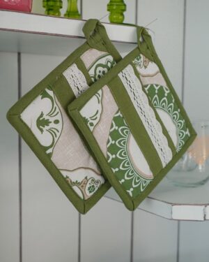 Presine Set 2 pezzi Ambra Verde in Cotone con Bordo Merletto
