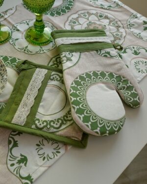 Guantone e Presina Ambra Verde in Cotone con Bordo Merletto