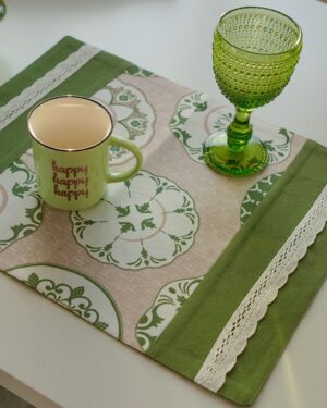 Tovaglietta Colazione Ambra Verde in Cotone con Bordo Merletto