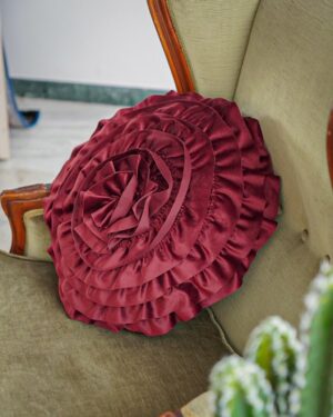 Cuscino Arredo Roses Bordeaux con Volant in Velluto Tessuto Sfoderabile Diametro 40 cm