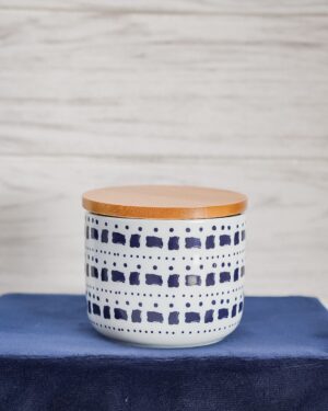 Barattolo Moderno in Ceramica 10x9 cm con Coperchio in Legno con Disegni Etnici Blu
