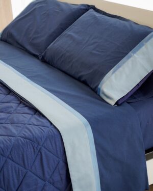 Completo Lenzuola Matrimoniali Perla 100% Cotone e Bordo in Raso Blu e Azzurro