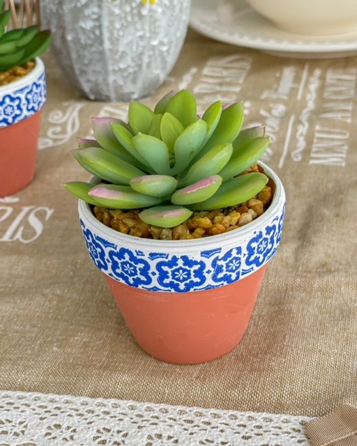 Vasetto Decorativo in Terracotta con Bordo Maioliche con Pianta Finta