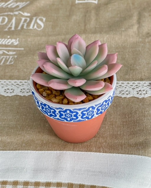 Vasetto Decorativo in Terracotta con Bordo Maioliche con Pianta Finta