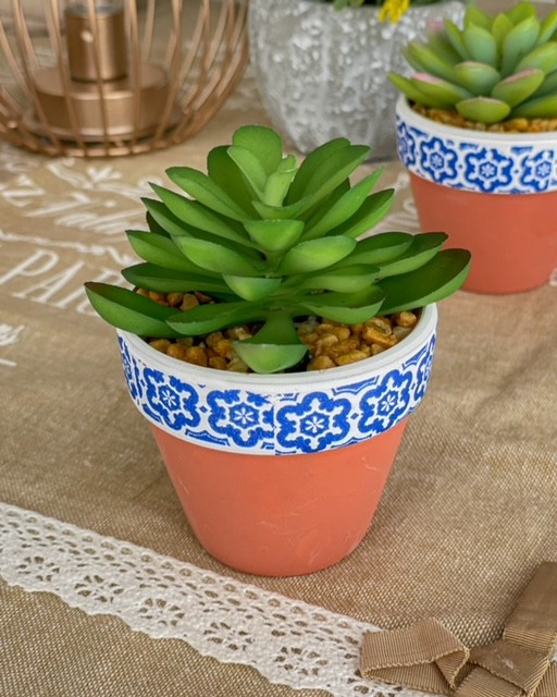 Vasetto Decorativo in Terracotta con Bordo Maioliche con Pianta Finta