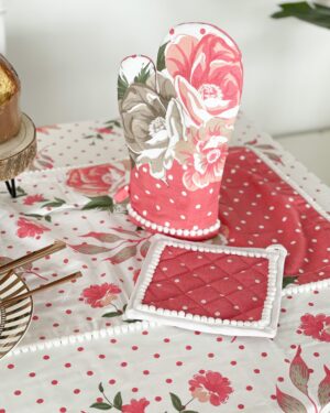 Linea Flora Guanto e Presina Bianco e Rosa Floreale e Pois Preziosa Home