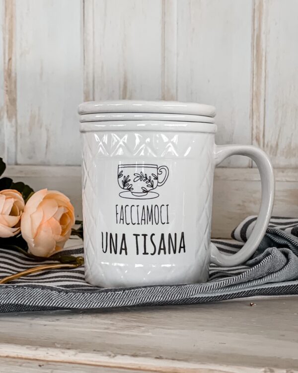 Tazza Mug Per Tisana Con Scritte Simpatiche Coperchio e Filtro per Infusione IN Ceramica AD STAR