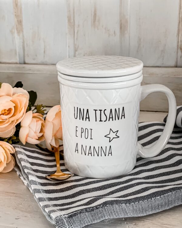 Tazza Mug Per Tisana Con Scritte Simpatiche Coperchio e Filtro per Infusione IN Ceramica AD STAR