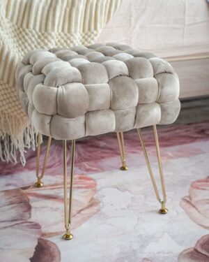 Sgabello Sophie Intrecciato In Velluto e Metallo Rosa Beige Celeste Con Piedi Oro