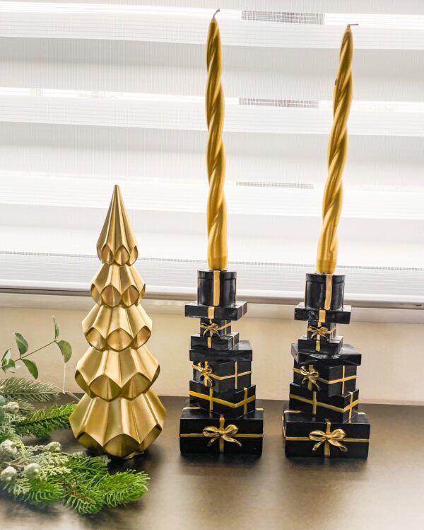 Set Due Porta Candele Pacchi Regalo Nero e Oro Origami Decorazione Natale
