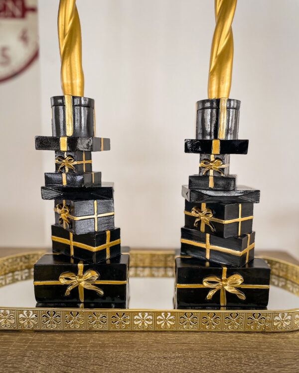 Set Due Porta Candele Pacchi Regalo Nero e Oro Origami Decorazione Natale