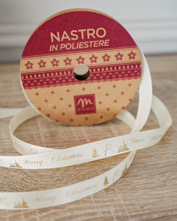 Nastro Decorativo Natalizio Panna Con scritte Dorate 10 Metri