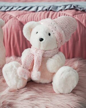 Orsetto Panna con Sciarpina Rosa e Pailettes