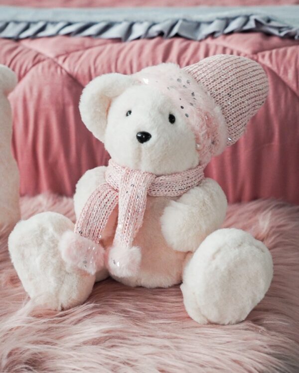Orsetto Panna con Sciarpina Rosa e Pailettes