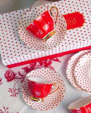 Set 4 Tazzine Da Caffè Con Piattino Rosse e Oro Pois Con ScatolaPreziosa Luxury
