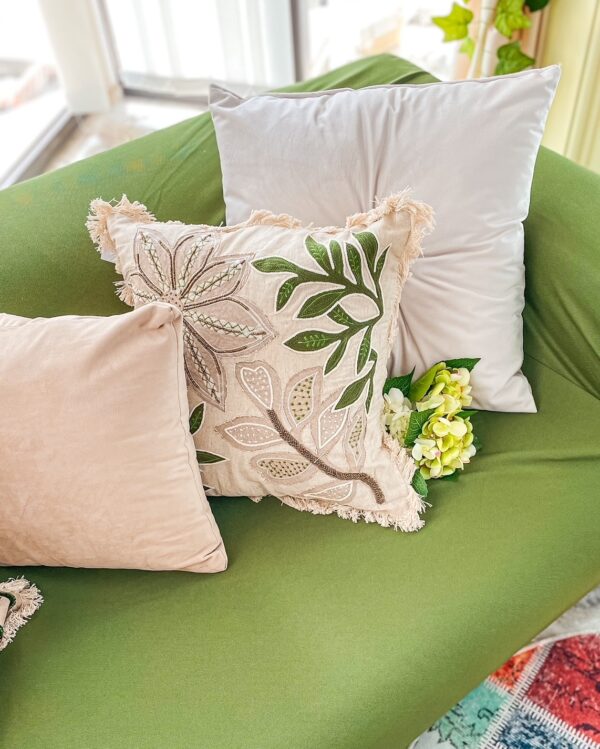 Cuscino Arredo Verde e Beige Hanna Home Con Disegno Floreale e Frange Con Zip