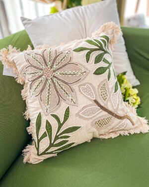 Cuscino Arredo Verde e Beige Hanna Home Con Disegno Floreale e Frange Con Zip