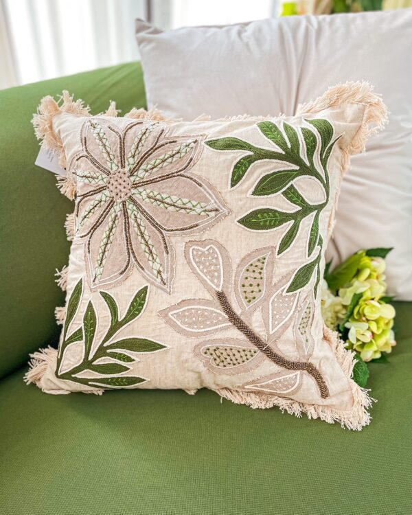 Cuscino Arredo Verde e Beige Hanna Home Con Disegno Floreale e Frange Con Zip