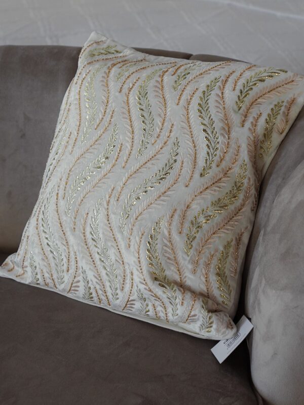 Cuscino Arredo Con Foglie Cucito Lurex Oro e Perline Hanna Home Con Zip