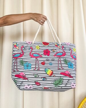 Borsa Mare Fenicotteri Con Manici in Corda Con Zip