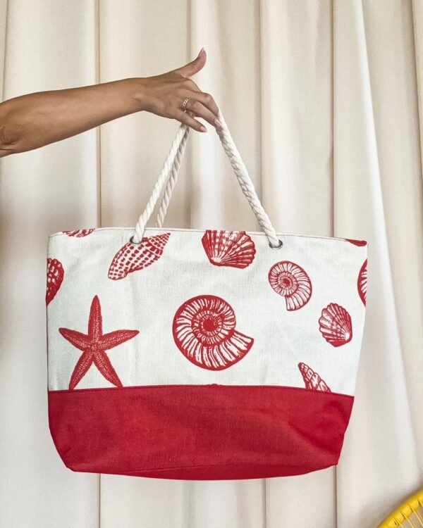 Borsa Mare Conchiglie Rossa e tessuto Grezzo Con zip e Manici in Corda