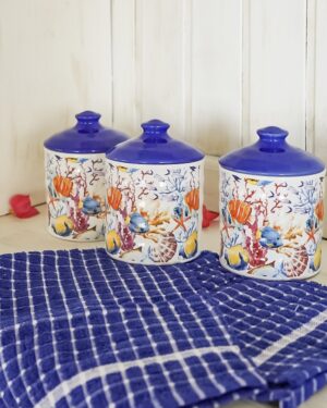 Tris Barattoli in Ceramica Con Tappo Ermetico con Tema Pesci e Corallo Tappo Blu