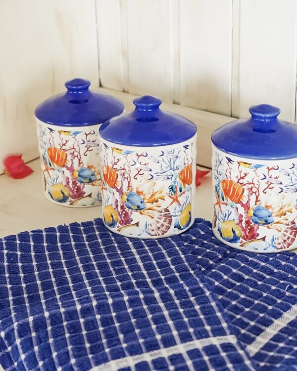 Tris Barattoli in Ceramica Con Tappo Ermetico con Tema Pesci e Corallo Tappo Blu