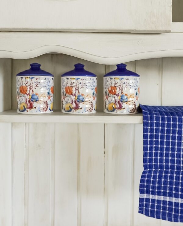 Tris Barattoli in Ceramica Con Tappo Ermetico con Tema Pesci e Corallo Tappo Blu