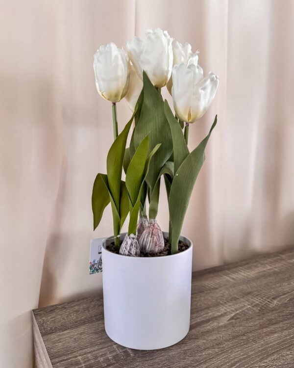 Vaso Bianco in Melamina Con Tulipani Artificiali gialli Rosa Rosso Screziato e Bianchi