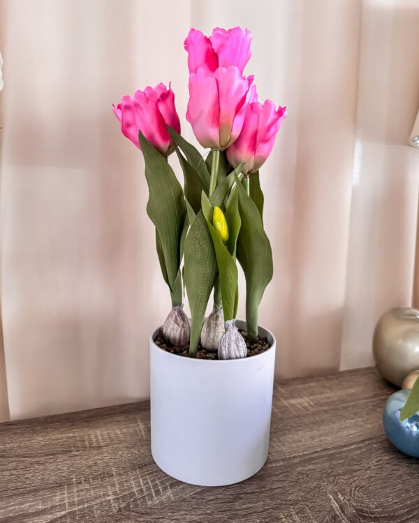 Vaso Bianco in Melamina Con Tulipani Artificiali gialli Rosa Rosso Screziato e Bianchi
