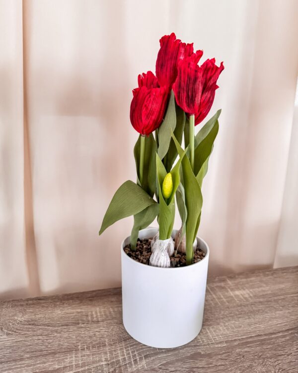 Vaso Bianco in Melamina Con Tulipani Artificiali gialli Rosa Rosso Screziato e Bianchi