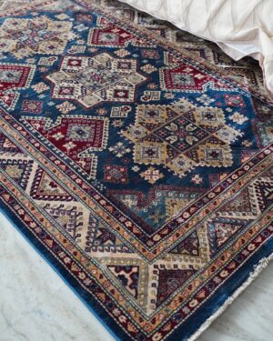 Tappeto Kashan160x240 cm nei Toni Blu Beige e Rosso Classico con Frangia