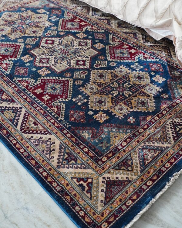 Tappeto Kashan160x240 cm nei Toni Blu Beige e Rosso Classico con Frangia