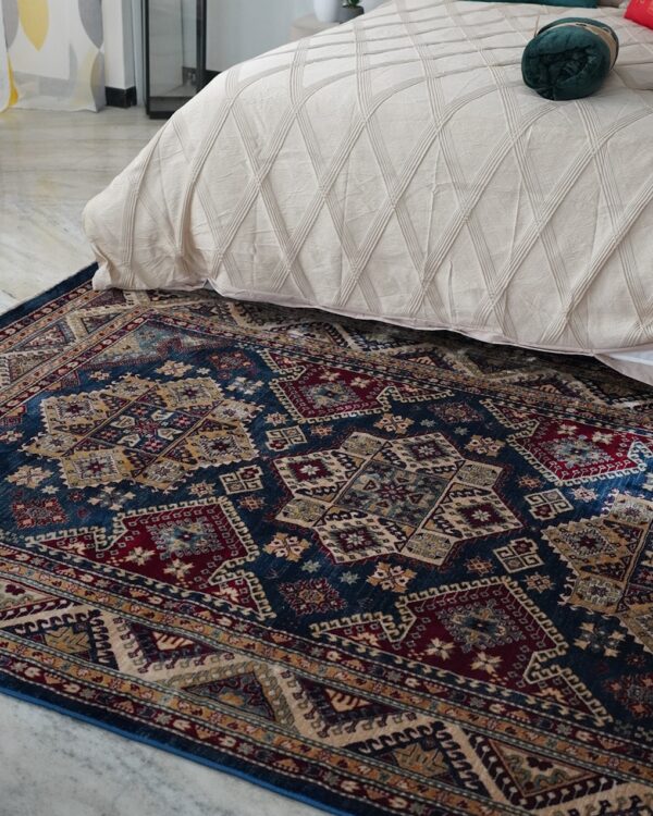 Tappeto Kashan160x240 cm nei Toni Blu Beige e Rosso Classico con Frangia