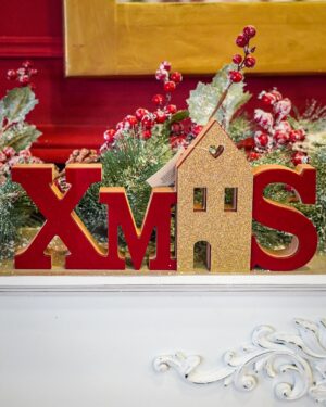 Scritta Xmas Natalizia AD In Legno e Velluto Rosso e Glitter Oro