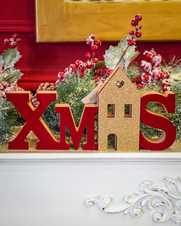 Scritta Xmas Natalizia AD In Legno e Velluto Rosso e Glitter Oro