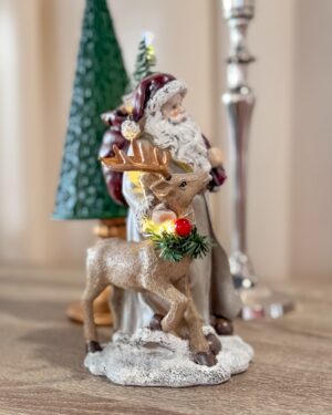Babbo Natale Beige e Bordeaux Con sacco e Renna Luci Led Silani