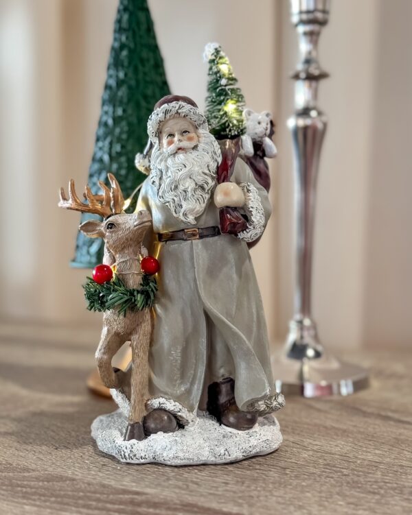 Babbo Natale Beige e Bordeaux Con sacco e Renna Luci Led Silani