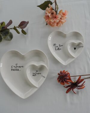 Piatto Vassoio Cuore Con Doppio Scomparto Con Frasi Bianco In Ceramica 2 Misure