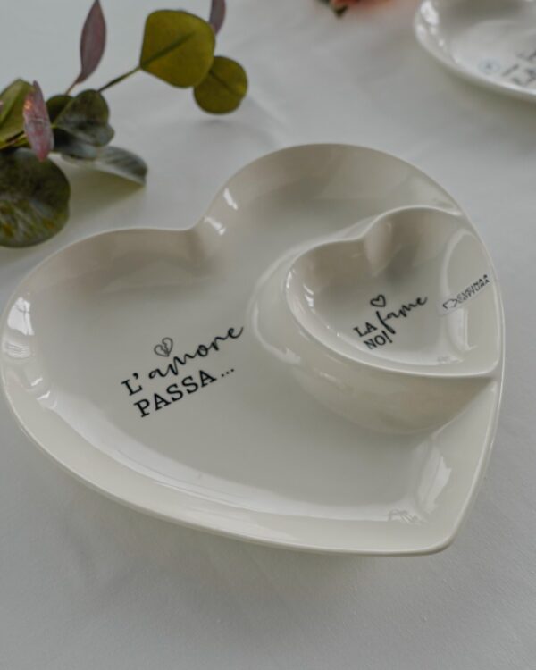Piatto Vassoio Cuore Con Doppio Scomparto Con Frasi Bianco In Ceramica 2 Misure